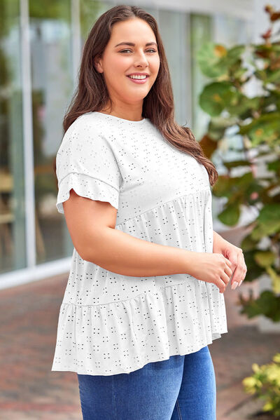 swvws Plus Size Eyelet Round Neck Short Sleeve Blouse