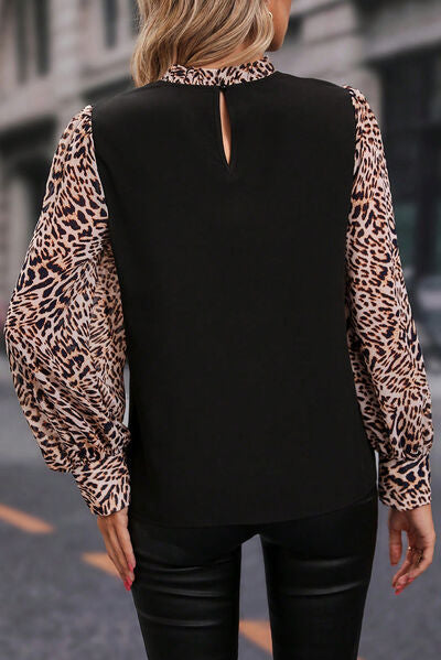 swvws Leopard Mock Neck Lantern Sleeve Blouse