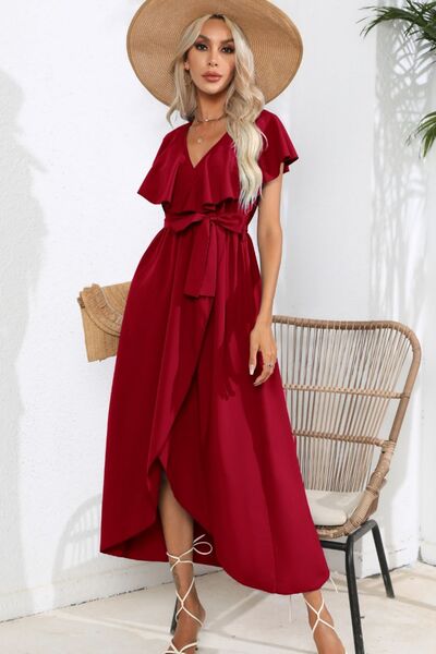 swvws Ruffled Tied V-Neck Midi Dress