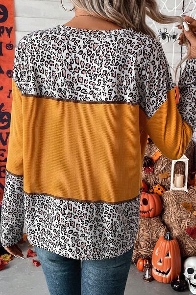 swvws Leopard Waffle-knit Long Sleeve T-Shirt