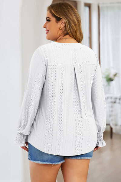 swvws Plus Size Eyelet Notched Flounce Sleeve Blouse