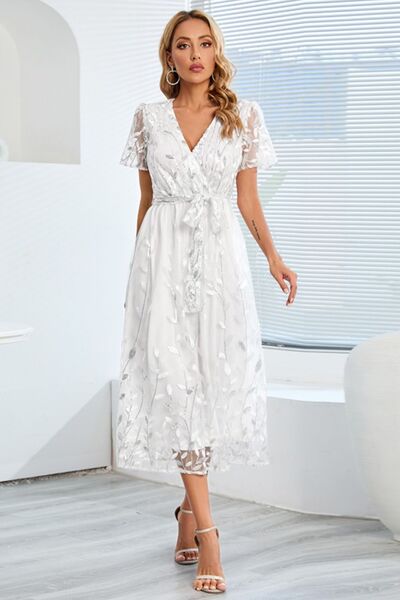 swvws Sequin Leaf Embroidery Tie Front Short Sleeve Dress