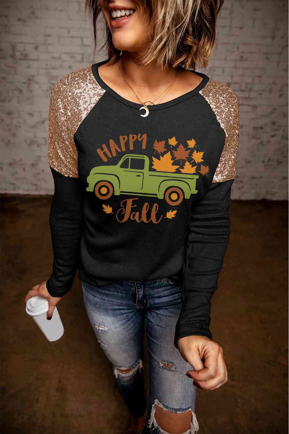 swvws HAPPY FALL Graphic Sequin T-Shirt