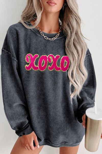 swvws XOXO Sequin Round Neck Dropped Shoulder Sweatshirt