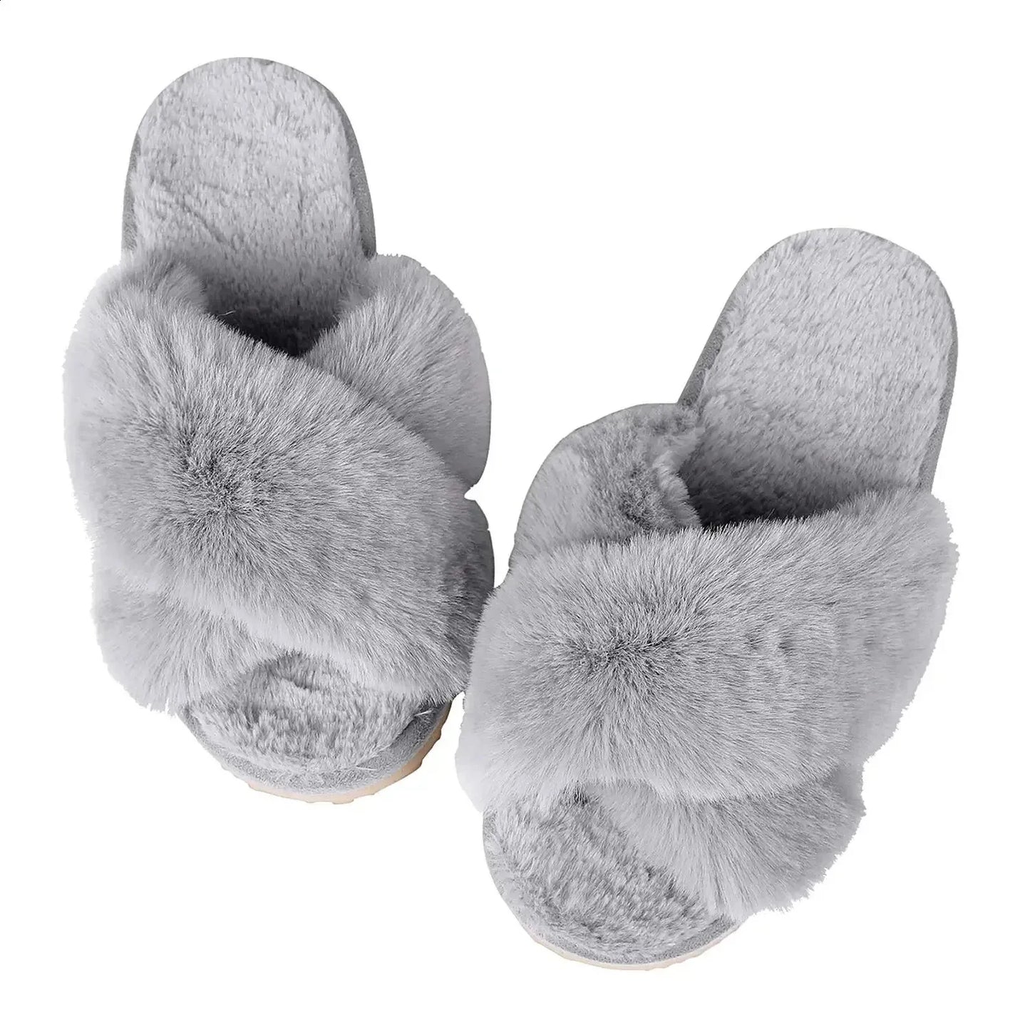 Eyriphy Womens Cross Band Fuzzy Slippers Women Fluffy Fur Slippers Memory Foam Plush Home Shoes Bedroom Slides Women Cozy Soft 240830