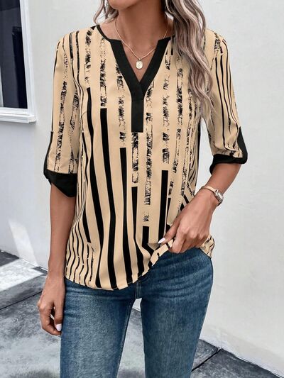 swvws Striped Notched Half Sleeve Blouse