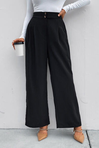 swvws High Waist Ruched Pocketed Wide Leg Pants