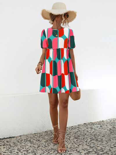 swvws Geometric Frill Round Neck Short Sleeve Dress