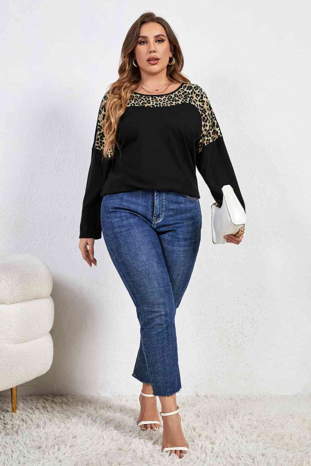 swvws Melo Apparel Plus Size Leopard Trim Round Neck Long Sleeve Tee