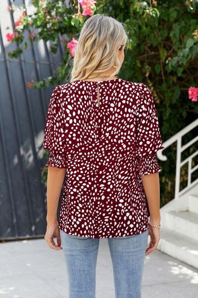 swvws Polka Dot Round Neck Lantern Sleeve Blouse