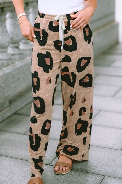 swvws Leopard Drawstring Wide Leg Pants with Pockets