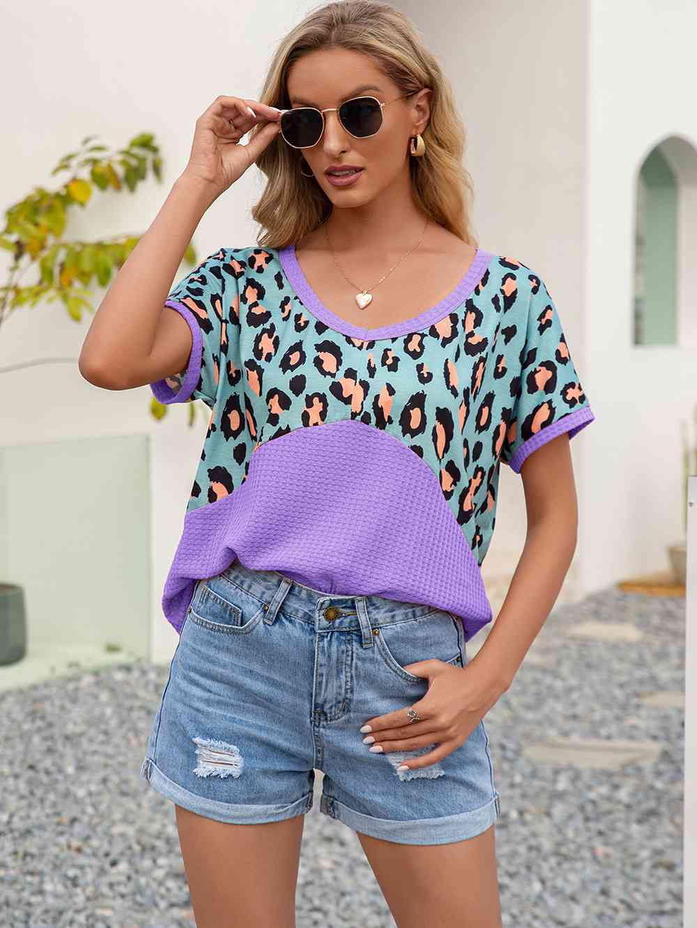 swvws Leopard Waffle-Knit Short Sleeve Top