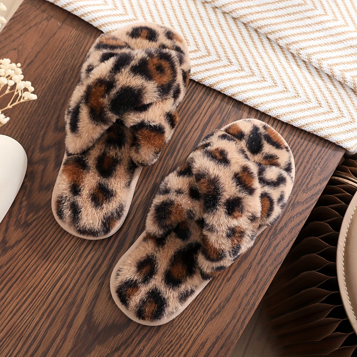 Leopard Print Slippers, Casual Open Toe Plush Shoes, Comfortable Indoor Home Slippers