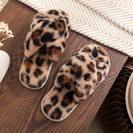 Leopard Print Slippers, Casual Open Toe Plush Shoes, Comfortable Indoor Home Slippers