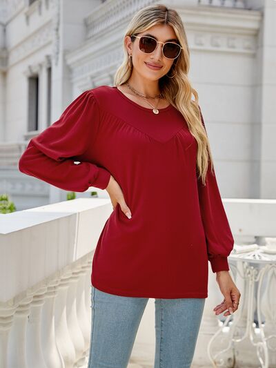 swvws Heathered Round Neck Lantern Sleeve Blouse