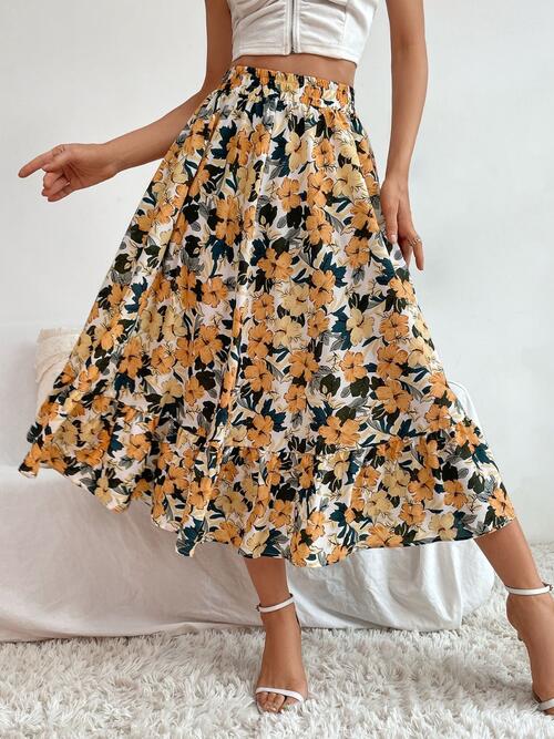 swvws Printed Ruffle Hem Midi Skirt