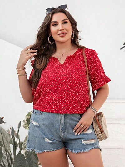 swvws Plus Size Printed Notched Flounce Sleeve Blouse