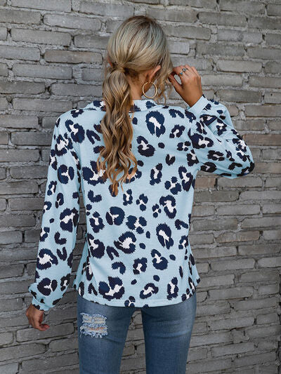 swvws Leopard V-Neck Decorative Button Long Sleeve Blouse