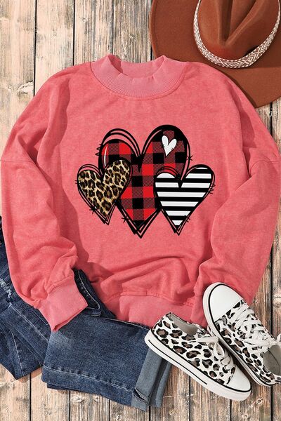 swvws Heart Round Neck Dropped Shoulder Sweatshirt