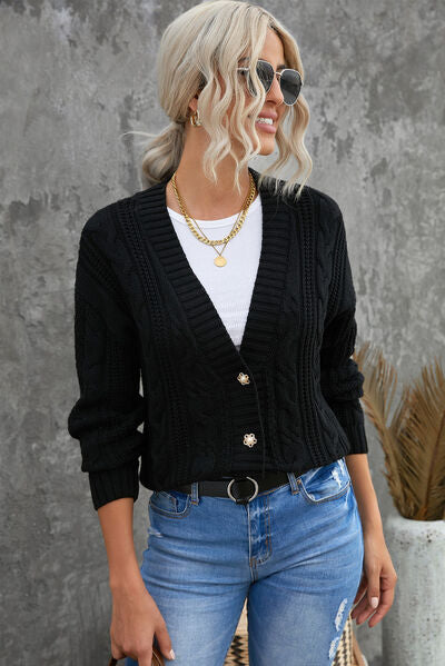 swvws Cable-Knit Button Up Dropped Shoulder Cardigan