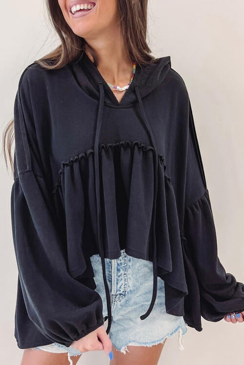 swvws Drawstring High-Low Balloon Sleeve Hoodie