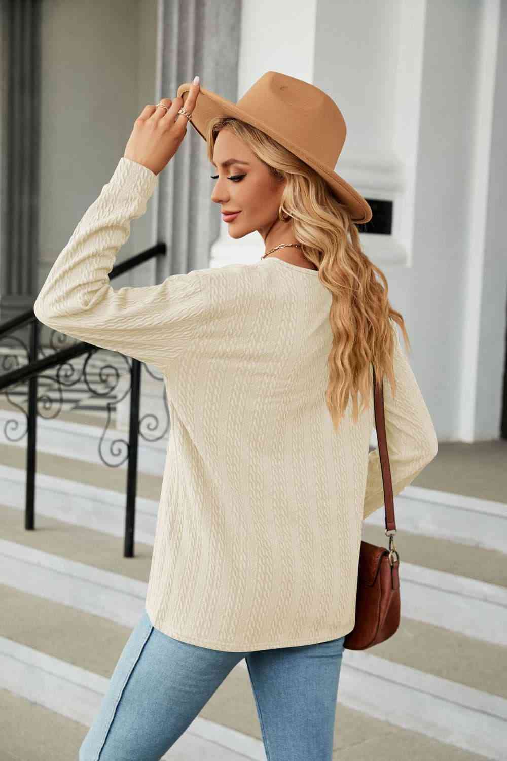 swvws Decorative Button V-Neck Long Sleeve T-Shirt