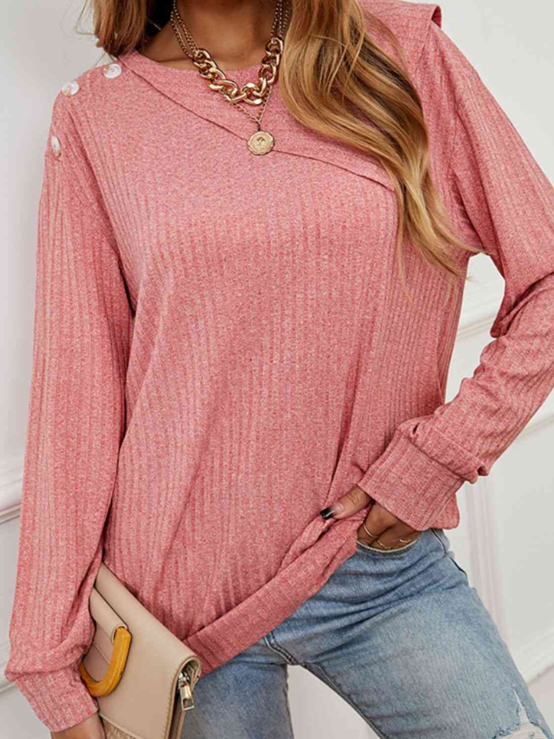 swvws Asymmetrical Round Neck Buttoned Dropped Shoulder Tee