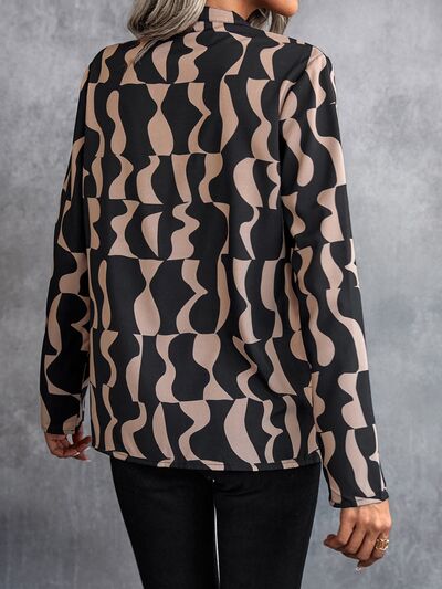 swvws Printed Notched Long Sleeve Blouse