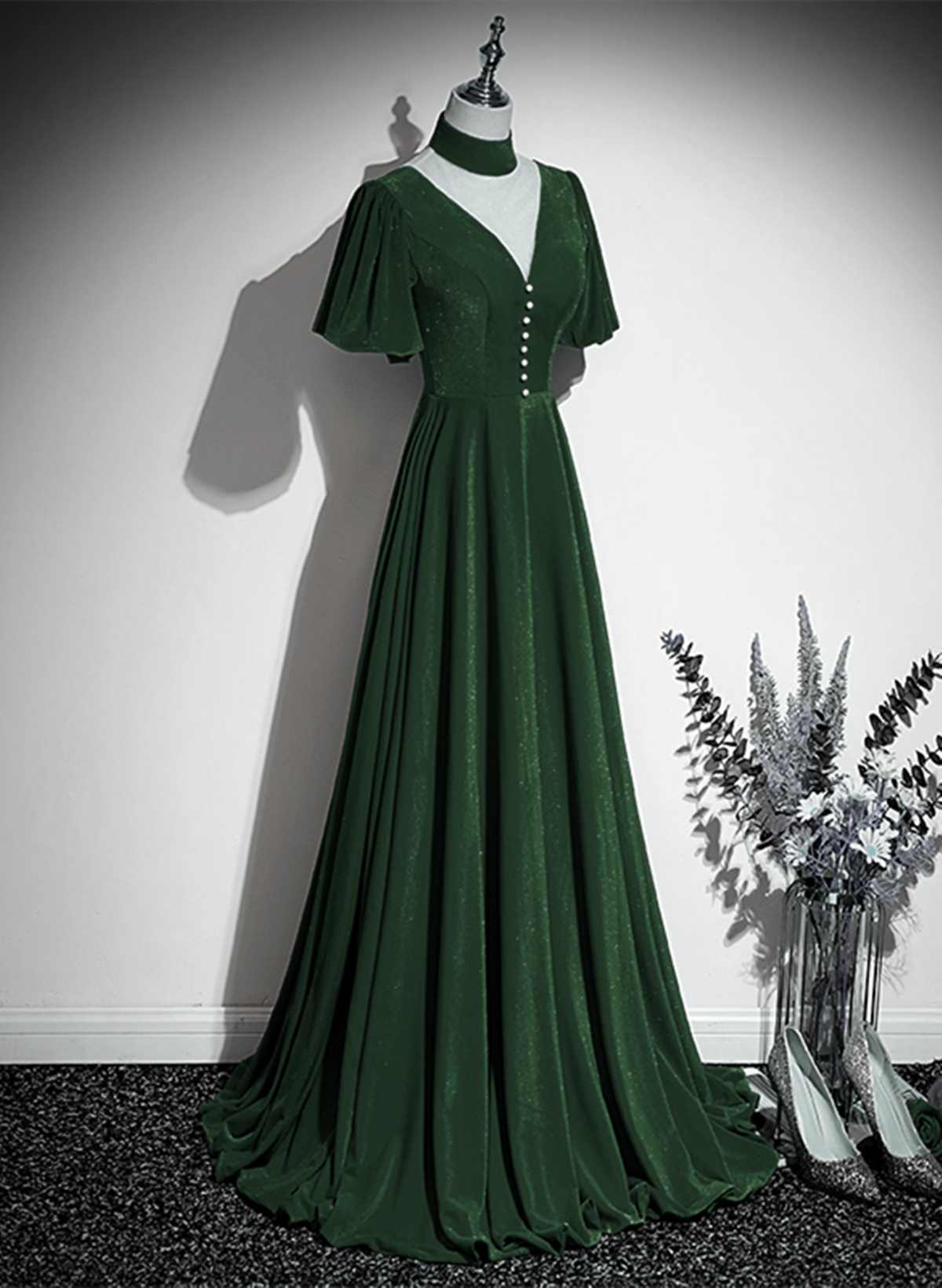 Tmallworld Green Velvet A-line Short Sleeves Long Party Dress, Green Long Prom Dress