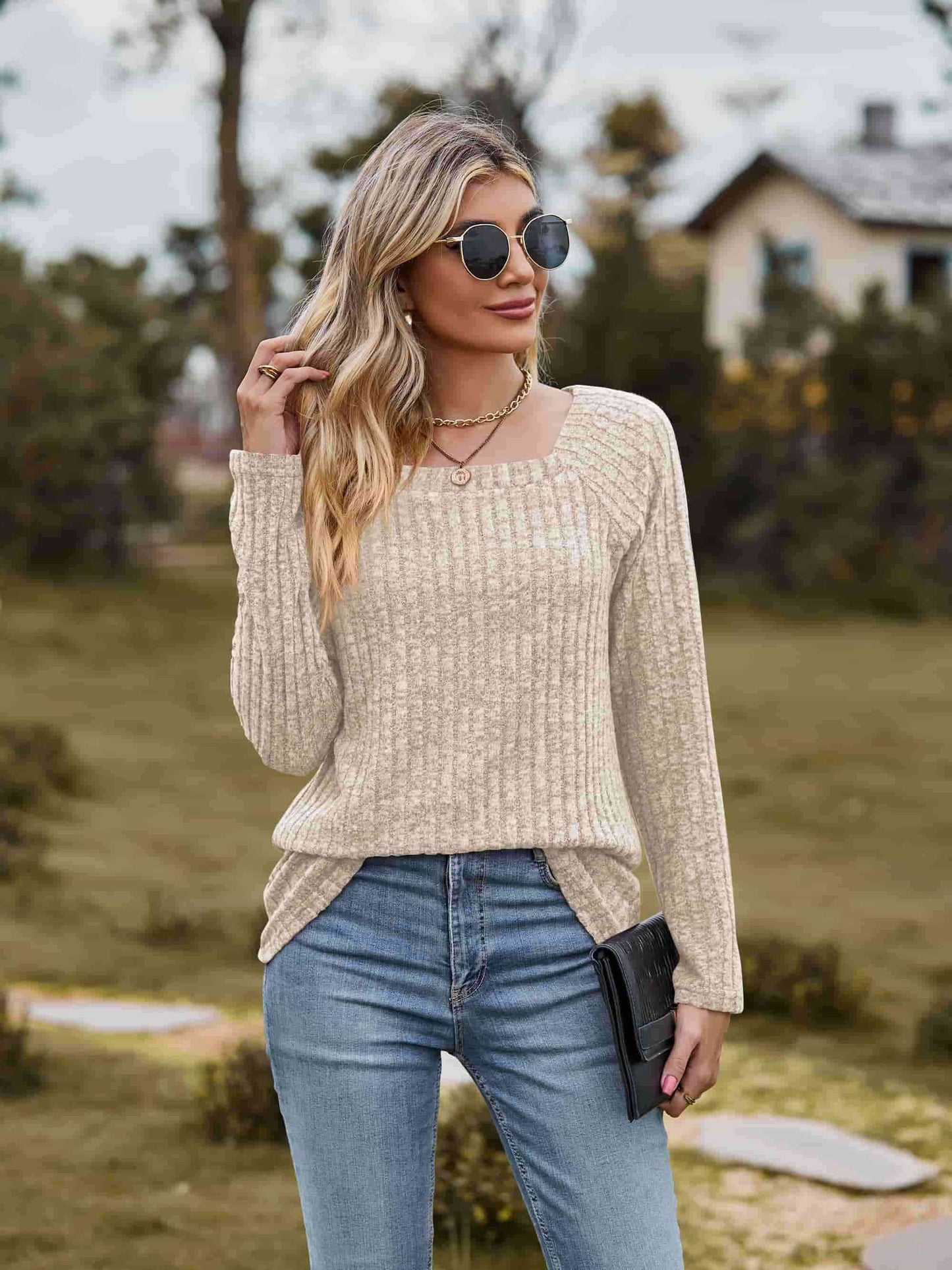 swvws Ribbed Square Neck Long Sleeve Tee