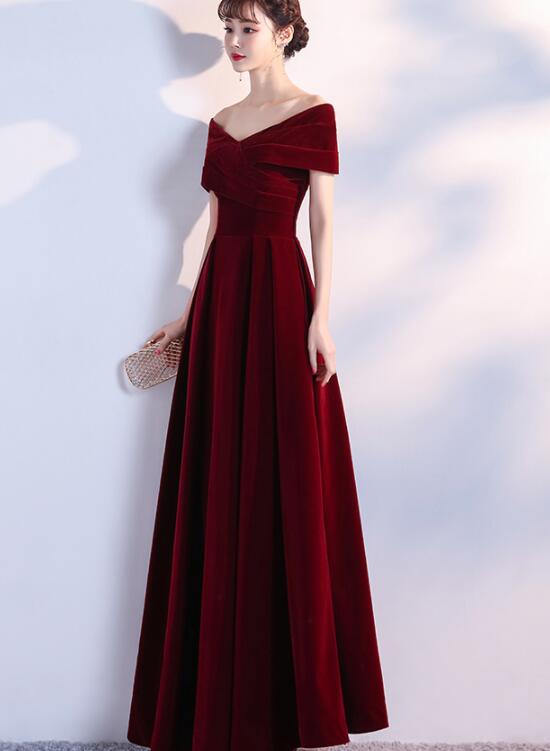 Tmallworld Elegant Wine Red Long Off Shoulder Velvet Party Dress, A-line Long Prom Dress