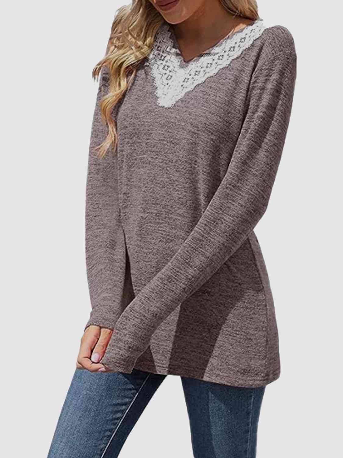 swvws Lace Detail V-Neck Long Sleeve Top