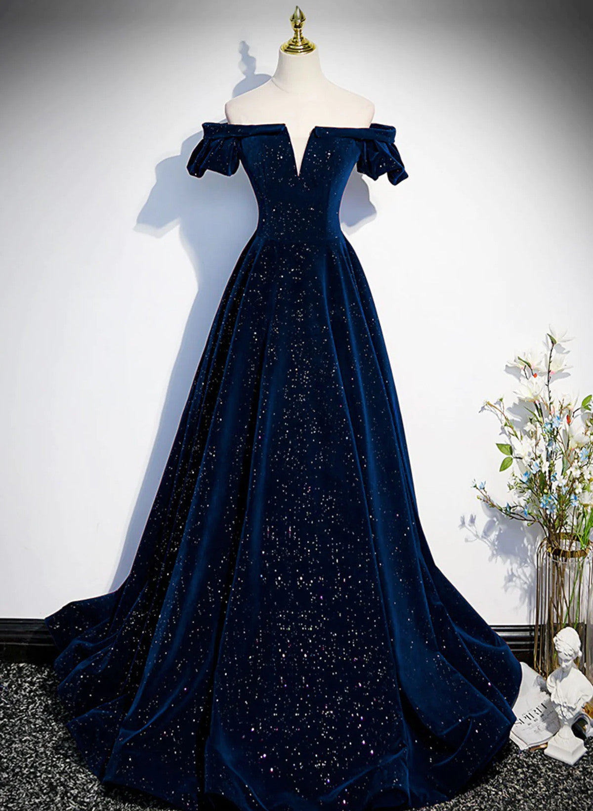 Tmallworld A-line Navy Blue Velvet Long Party Dress Prom Dress, Off Shoulder Navy Blue Formal Dress