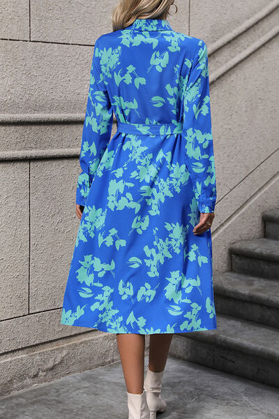 swvws Printed Button Up Tie Waist Dress