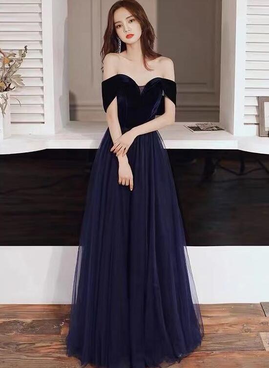 Tmallworld Sexy Navy Blue Velvet and Tulle Long Sweetheart Prom Dress, Long Bridesmaid Dress