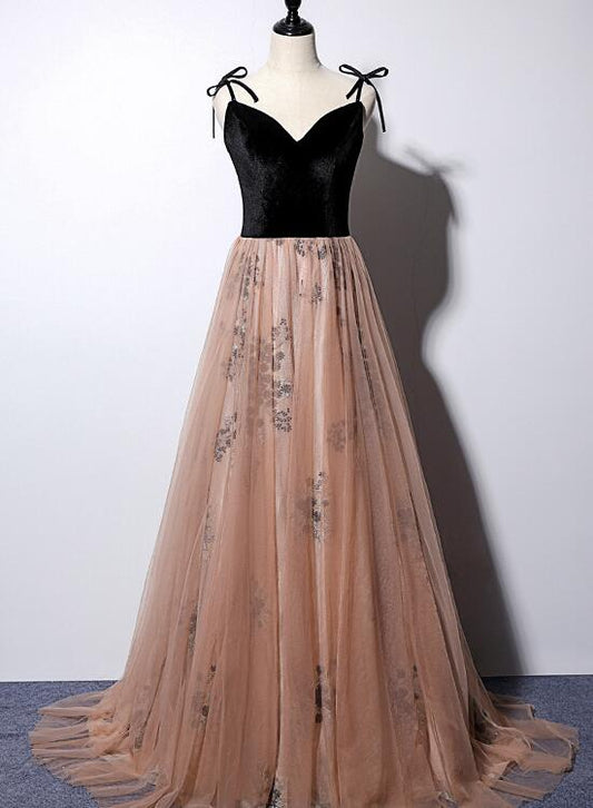 Tmallworld Sexy Champagne Tulle with Black Velvet Prom Dress, Straps Party Gown