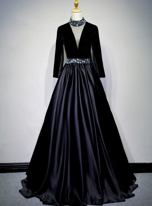 Tmallworld Black Satin and Velvet Long Sleeves Party Gown, Long Evening Dress