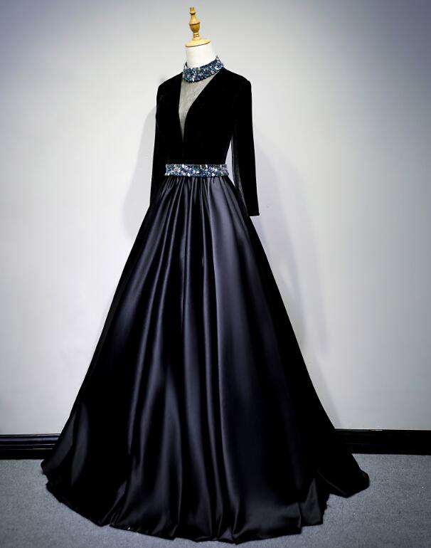 Tmallworld Black Satin and Velvet Long Sleeves Party Gown, Long Evening Dress