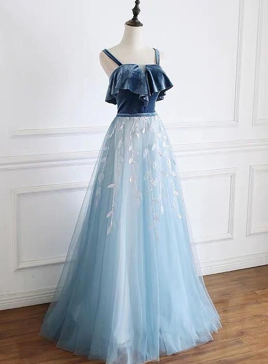 Tmallworld Blue Straps Beautiful Tulle and Velvet Long Party Dress, A-line Blue Evening Dress