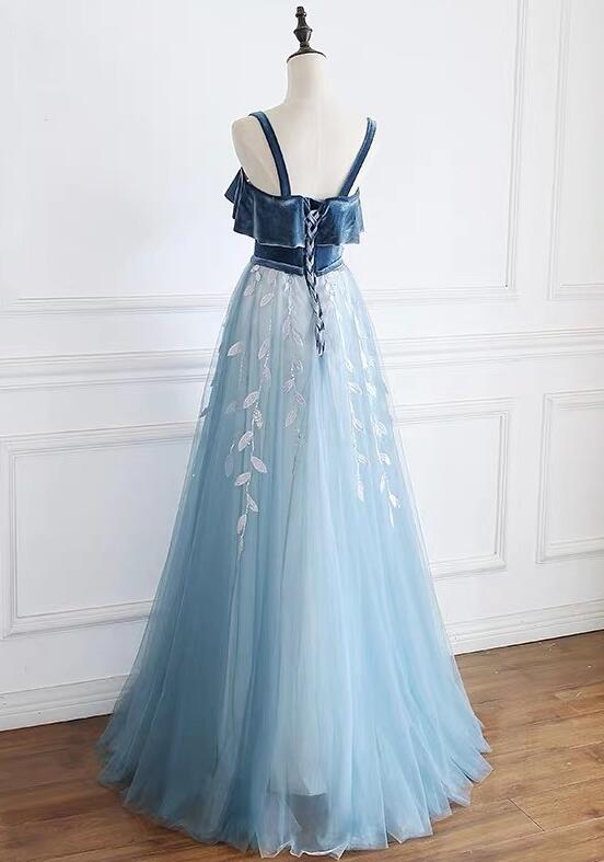 Tmallworld Blue Straps Beautiful Tulle and Velvet Long Party Dress, A-line Blue Evening Dress