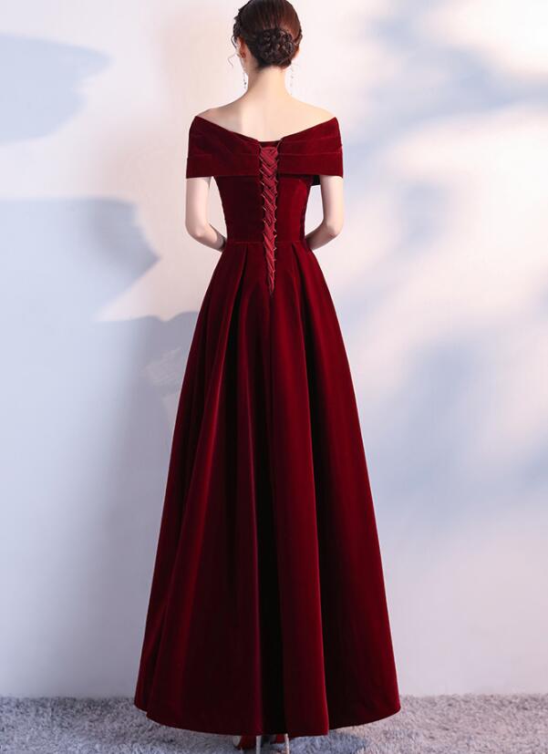 Tmallworld Elegant Wine Red Long Off Shoulder Velvet Party Dress, A-line Long Prom Dress