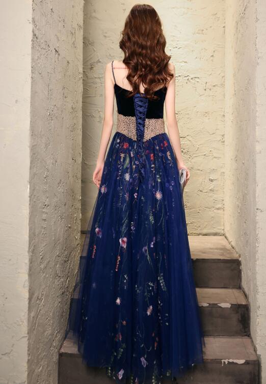 Tmallworld Charming Navy Blue Velvet and Tulle Floral Straps Evening Dress, Blue Formal Dress Prom Dress