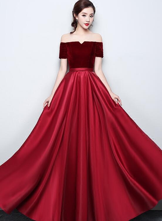 Tmallworld Wine Red Satin with Velvet Prom Dress, Off Shoulder A-line Formal Dress Evening Dress