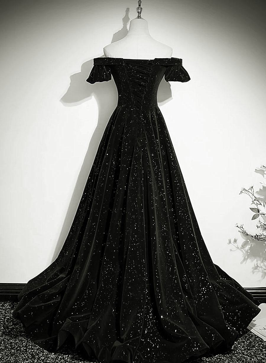 Tmallworld Black Velvet Off Shoulder A-line Long Prom Dress, Black Simple Wedding Party Dress