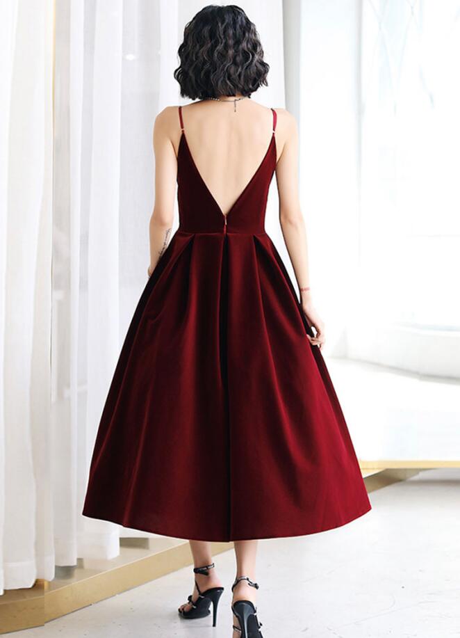 Tmallworld Sexy Velvet Dark Red Backless Straps Wedding Party Dress, Burgundy Short Prom Dresses