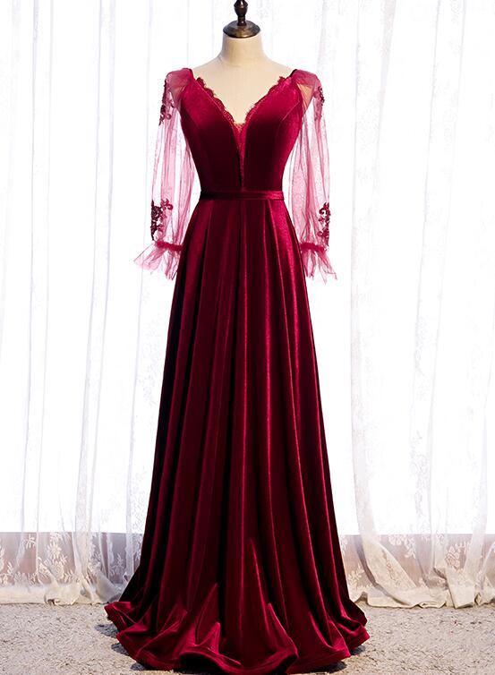 Tmallworld Wine Red Velvet Long Party Dress Prom Dress, A-line Long Sleeves Formal Dresses