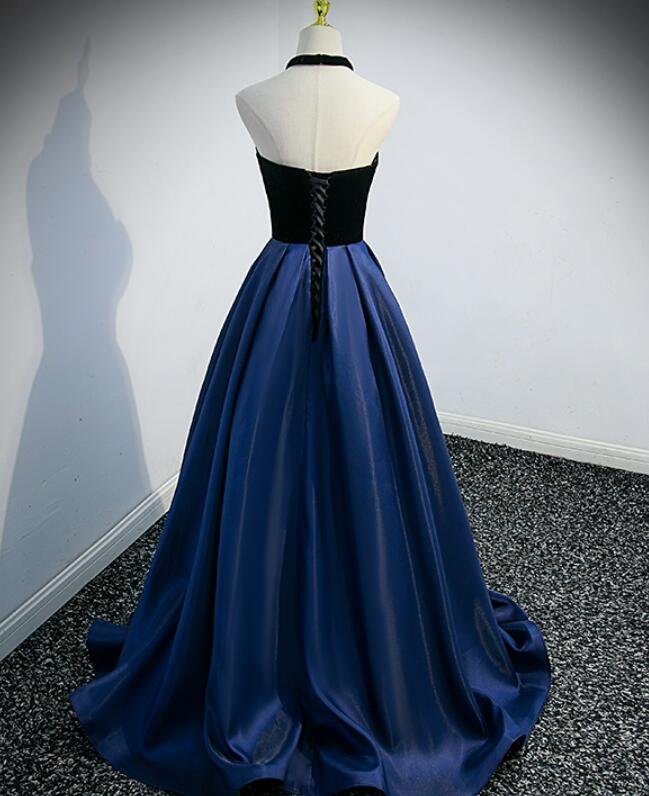 Tmallworld Beautiful Navy Blue Satin Halter Long Party Dress, Satin with Velvet Prom Dress