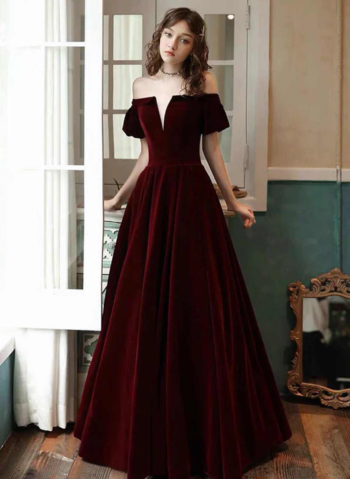 Tmallworld Wine Red Velvet Off Shoulder Long Party Dress, A-line Velvet Long Prom Dress