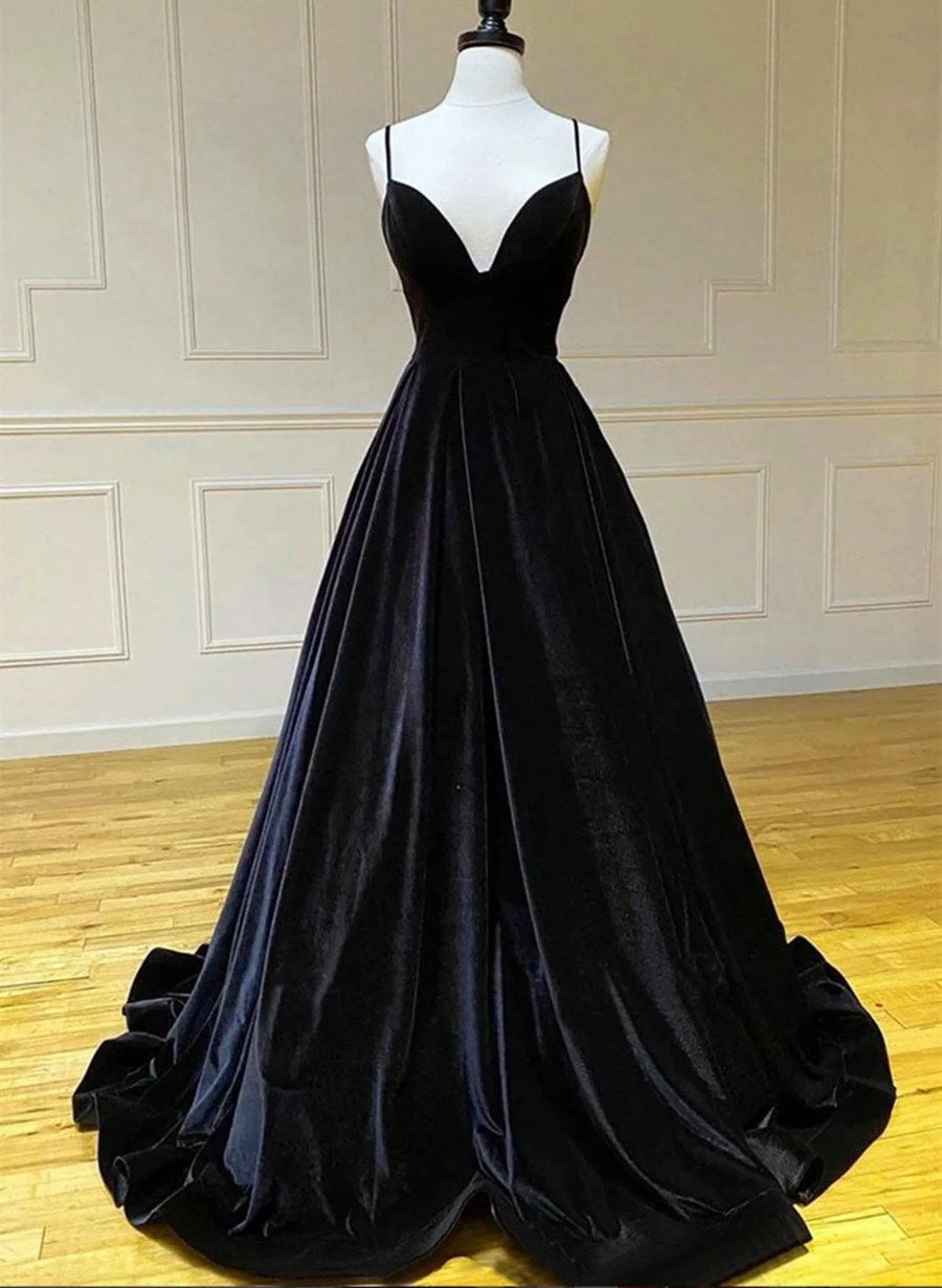 Tmallworld Black Velvet Straps V-neckline Long Party Dress, A-line Velvet Prom Dress