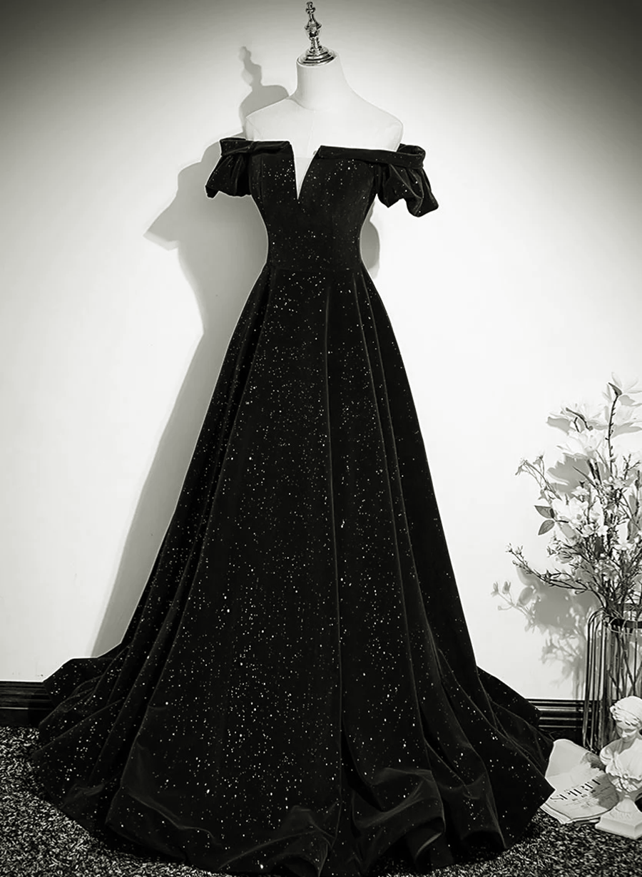 Tmallworld Black Velvet Off Shoulder A-line Long Prom Dress, Black Simple Wedding Party Dress